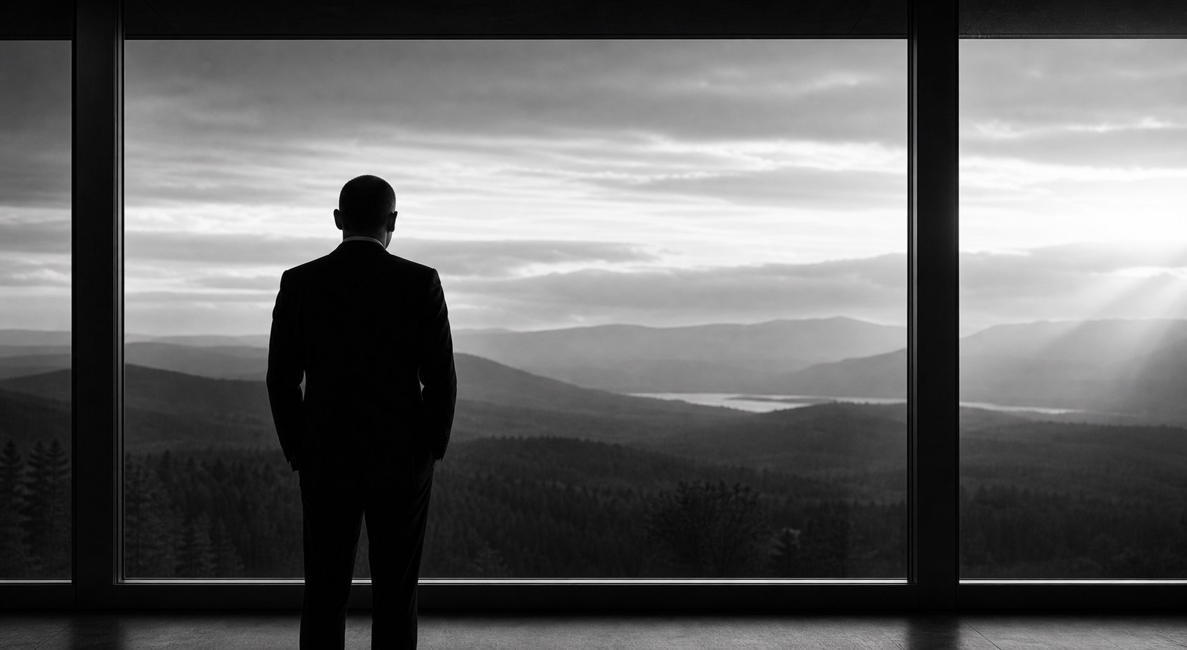 Person blickt aus einem Fenster in eine weite Landschaft in Schwarz-Weiß