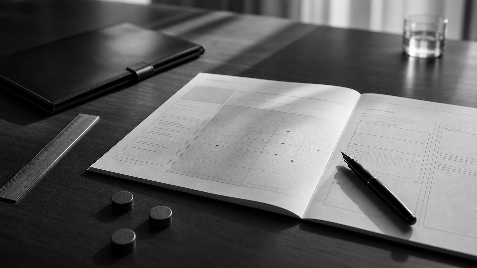 Klarer Beratungsarbeitsplatz mit Arbeitsblatt, Stift und Entscheidungsmarkern in Schwarz-Weiß